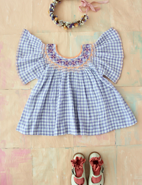 [BONJOUR DIARY] Butterfly Blouse with cross embroidery _ Violet Gingham