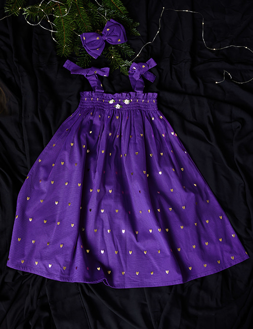 [BONJOUR DIARY] LONG SKIRT DRESS WITH HAIR CLIP _ Purple voile Tulle gold heart print [3Y,4Y,10Y]