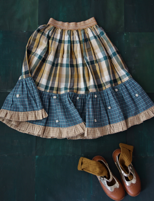 [BONJOUR DIARY]Patchwork long skirt with gold elastic _ Big green check [4Y]