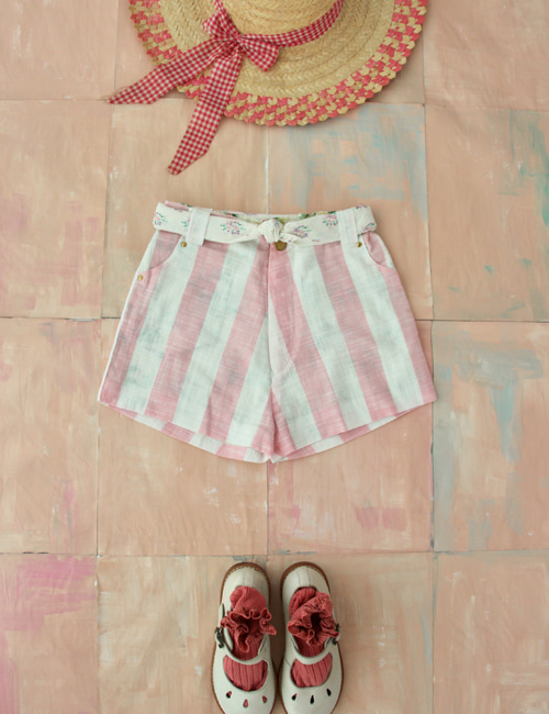 [BONJOUR DIARY] Short with Scarf 50*50 cm _ Large pink stripes [8y, 10y]