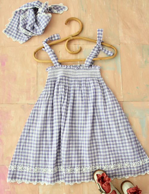 [BONJOUR DIARY] Long Skirt Dress with Triangle scarf _ Violet Gingham[4Y,  8y, 10Y, 12Y]
