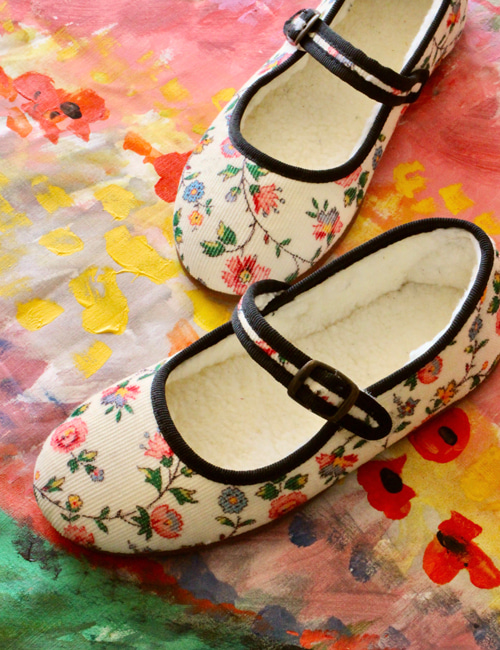 [BONJOUR DIARY] SHOES _ Ivory flowers print - corduroy [24, 26]