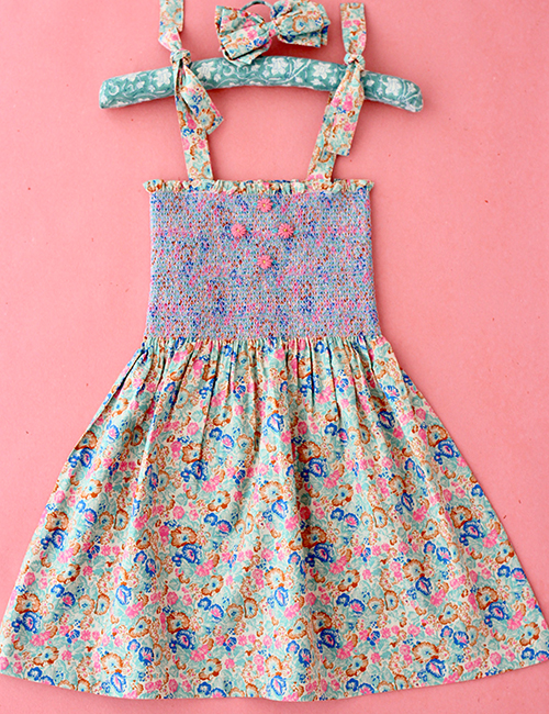 [BONJOUR DIARY] LONG SKIRT DRESS WITH HAIR CLIP _ Blue garden [4Y, 12Y]