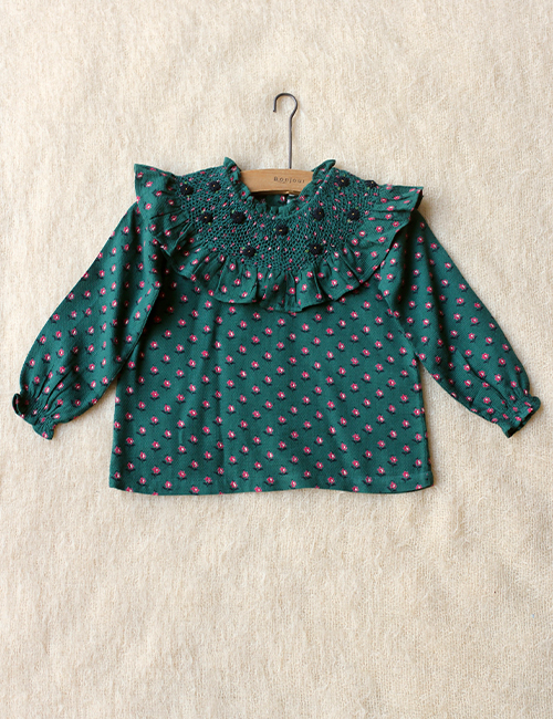 [BONJOUR DIARY]BLOUSE WITH HANDSMOCK COLLAR Provencal print - pique fabric