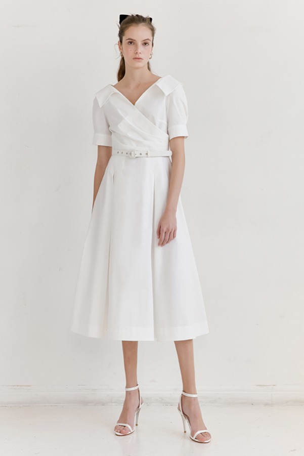 ELLIE V-neck short sleeve shirred shirt dress (Off White)