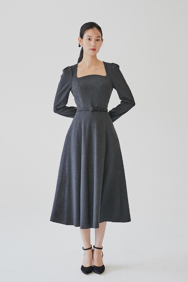 PENELOPE Square neck flared dress (Charcoal gray)