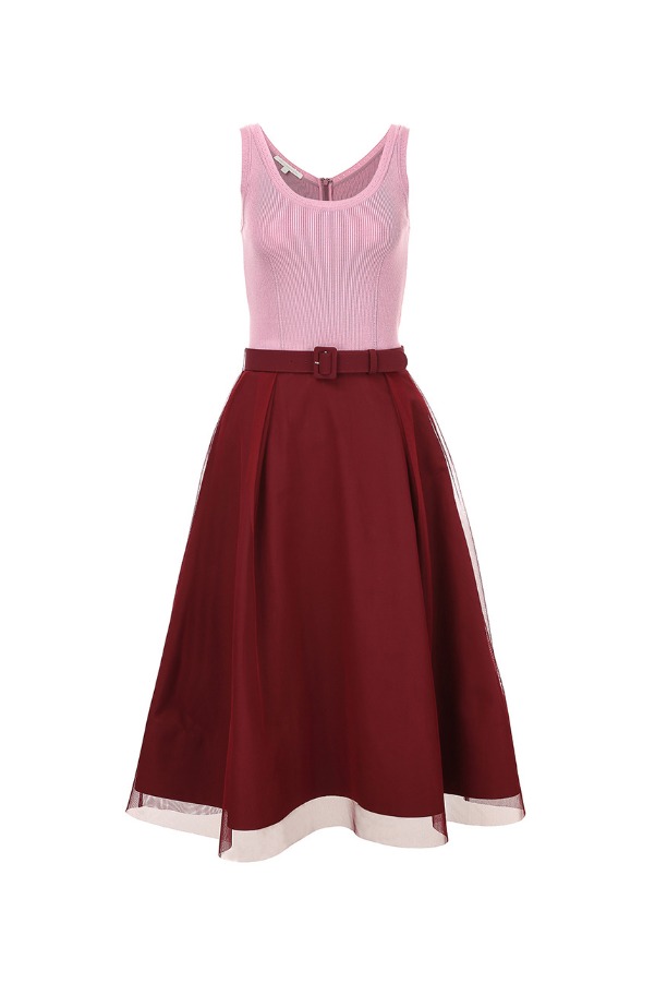 ARIA Knit combination flared dress (Plum pink&amp;Burgundy)