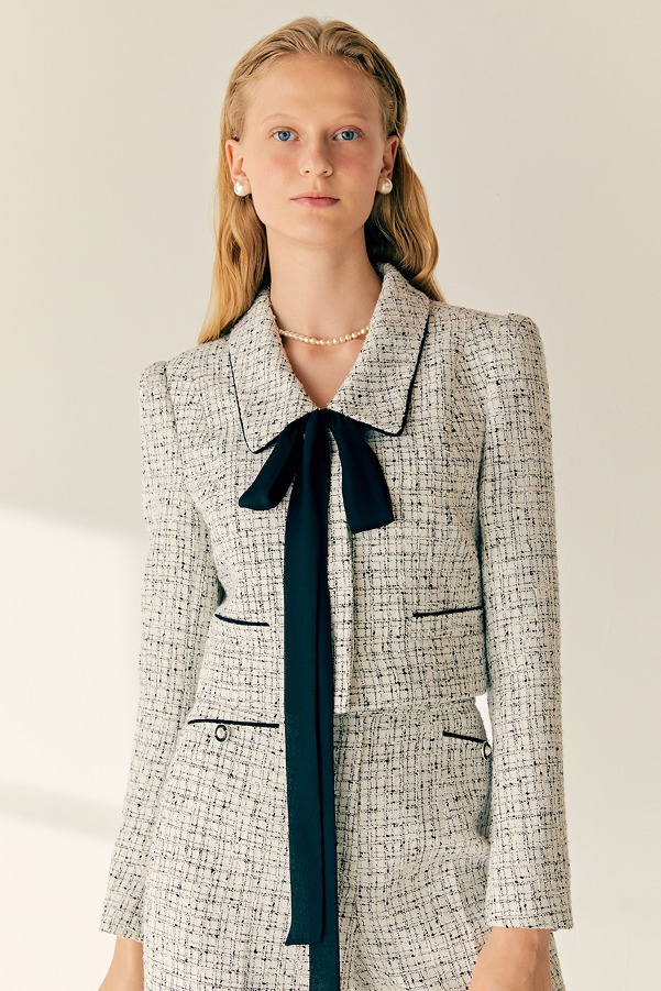 MARVELLA Classic collar detail cropped tweed jacket (Ivory&amp;Black)