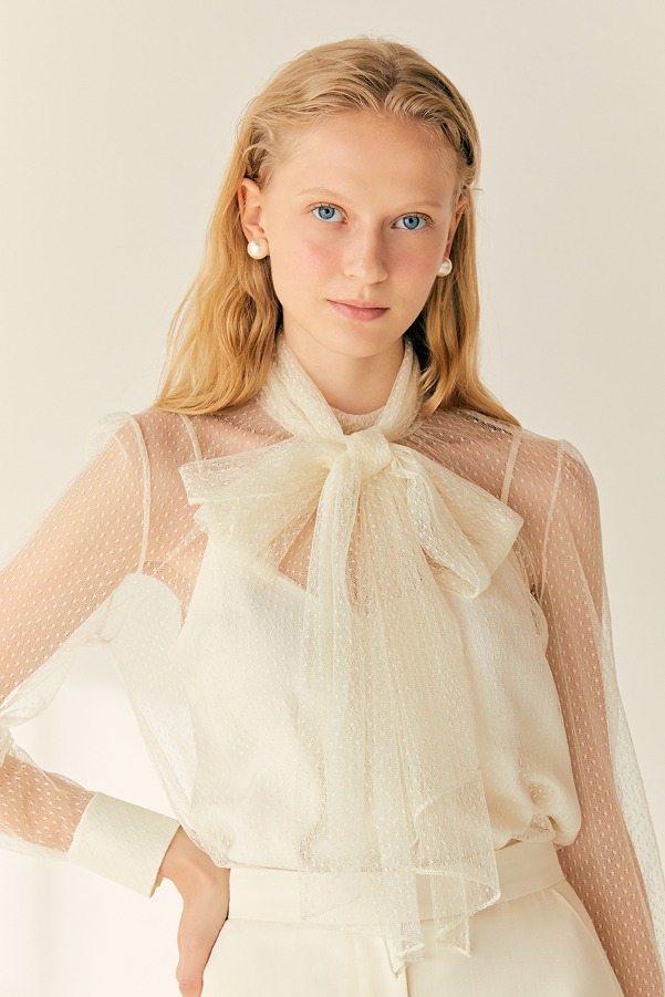 SHARON Ribbon-tie dot lace blouse (Ivory)
