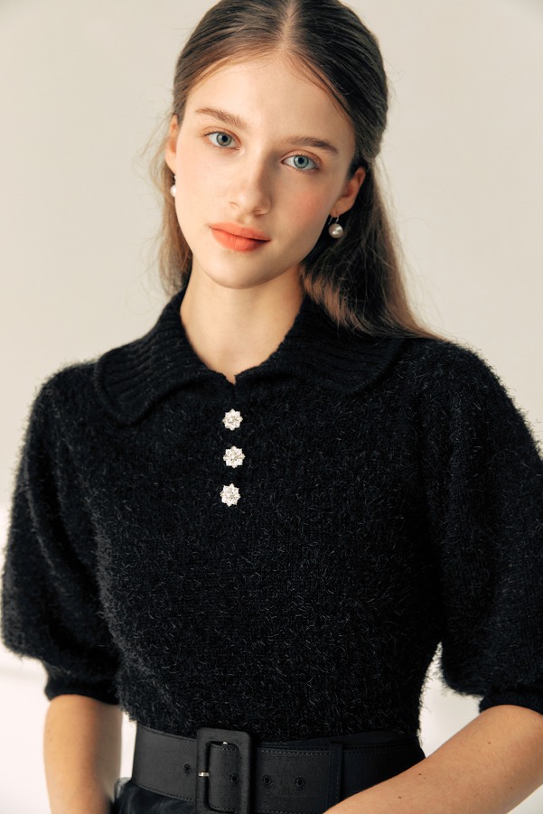 DARLENE Puff sleeve collar knit (Black)