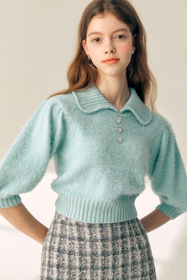 DARLENE Puff sleeve collar knit (Blue)