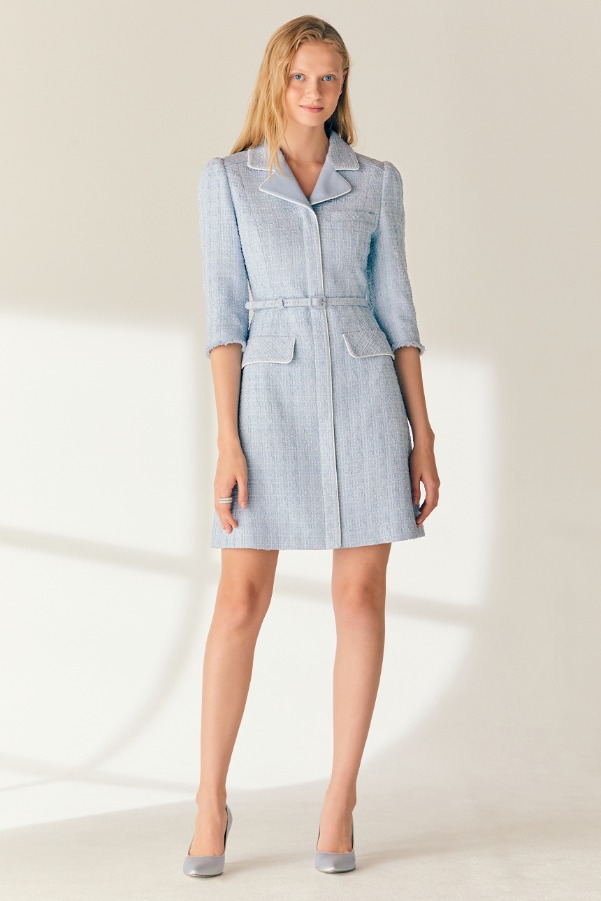 MADISON Notched collar tweed mini dress (Cornflower blue)