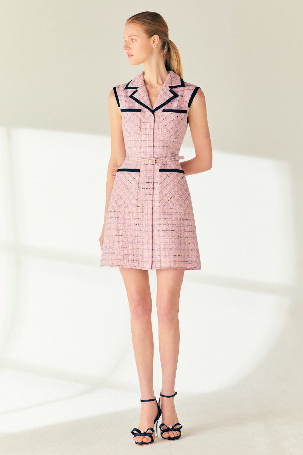 [백진희 착용]KAYLA Contrast-trim sleeveless semi A-line tweed mini dress (Pink)