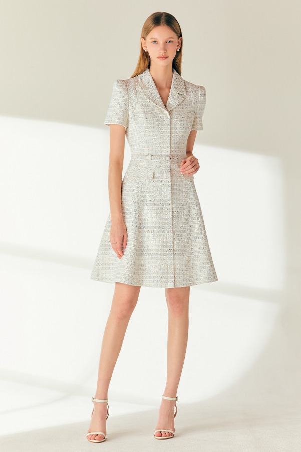 GIANNA Notched collar tweed mini dress (Cream)