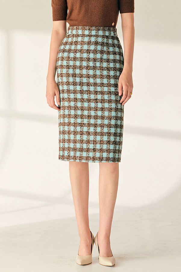 [이해리 착용]JESSIE H-line check tweed midi skirt (Mint&amp;Brown)