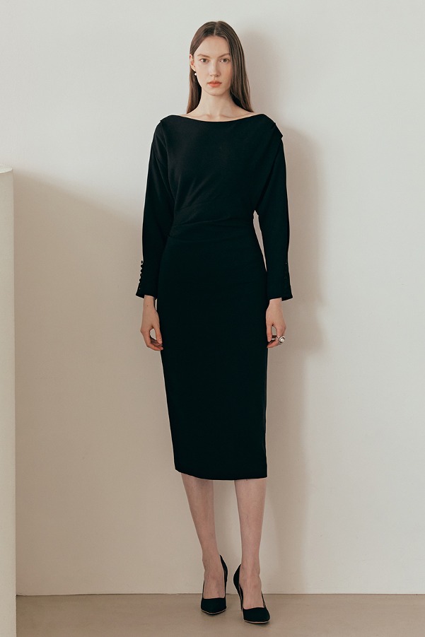 ATHENA Boatneck dolman sleeve H-line dress (Black)
