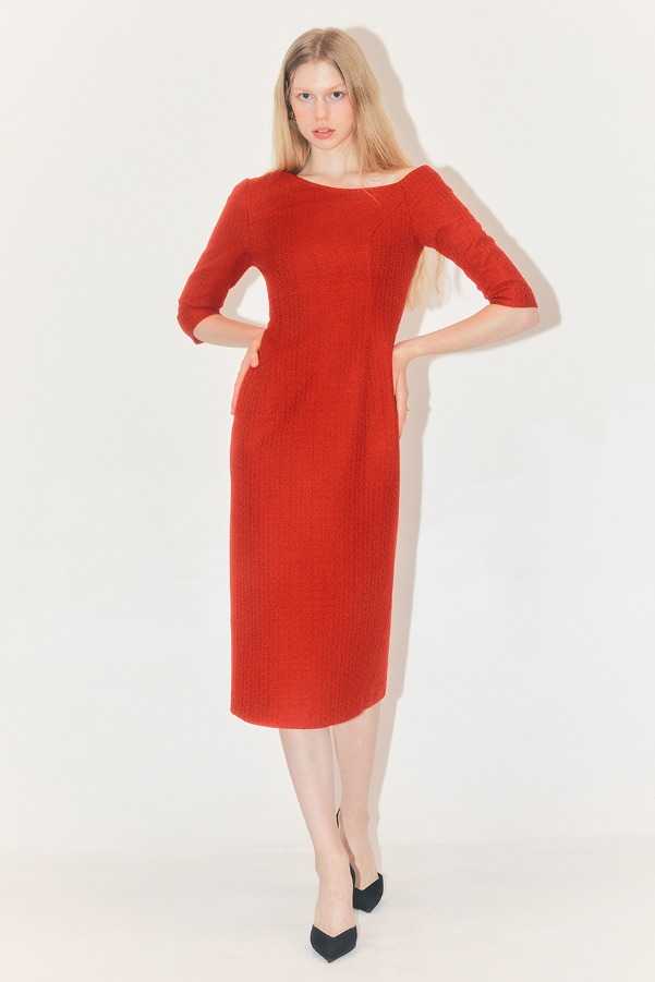 [표예진 착용]MARIAH One shoulder H-line tweed long dress (Scarlet red)