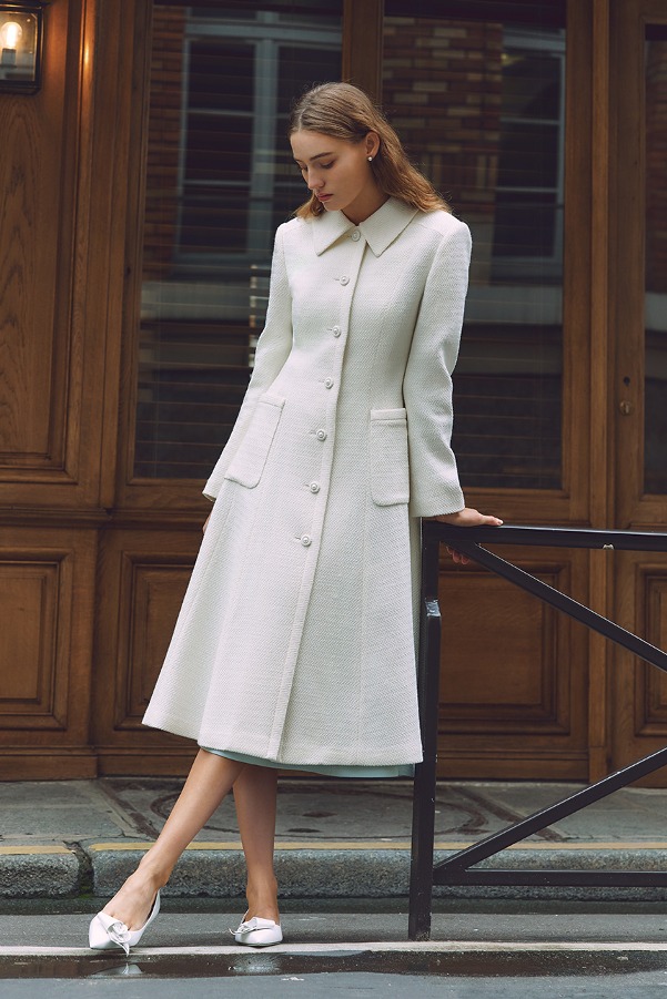 OLIVIA Stand collar A-line tweed coat (Ivory)