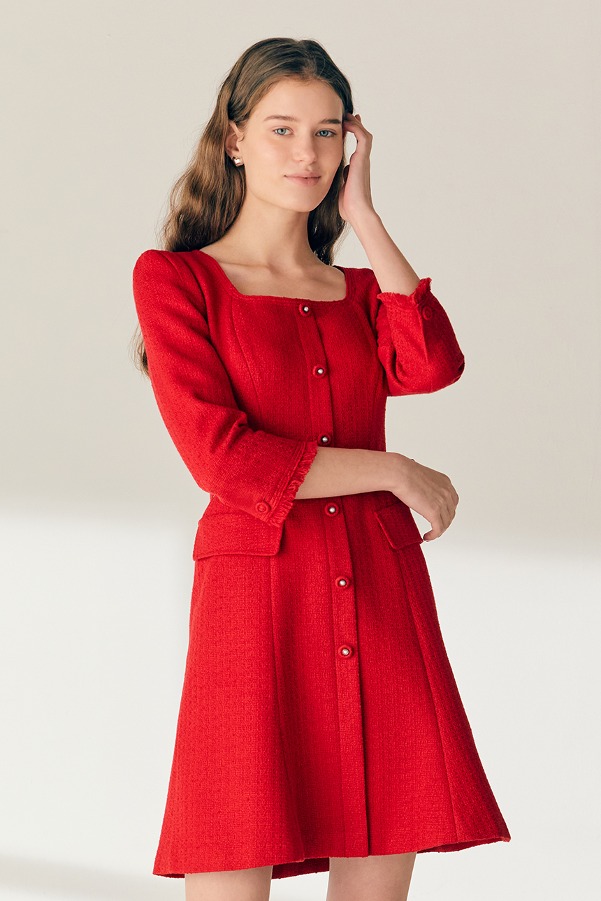 MELISSA Square neck three-quarter sleeve tweed mini dress (Scarlet red)