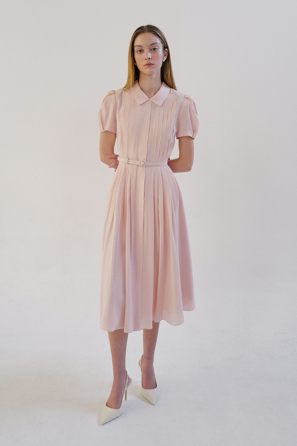 LILITH Stand collar pin tucked long dress (Light pink)