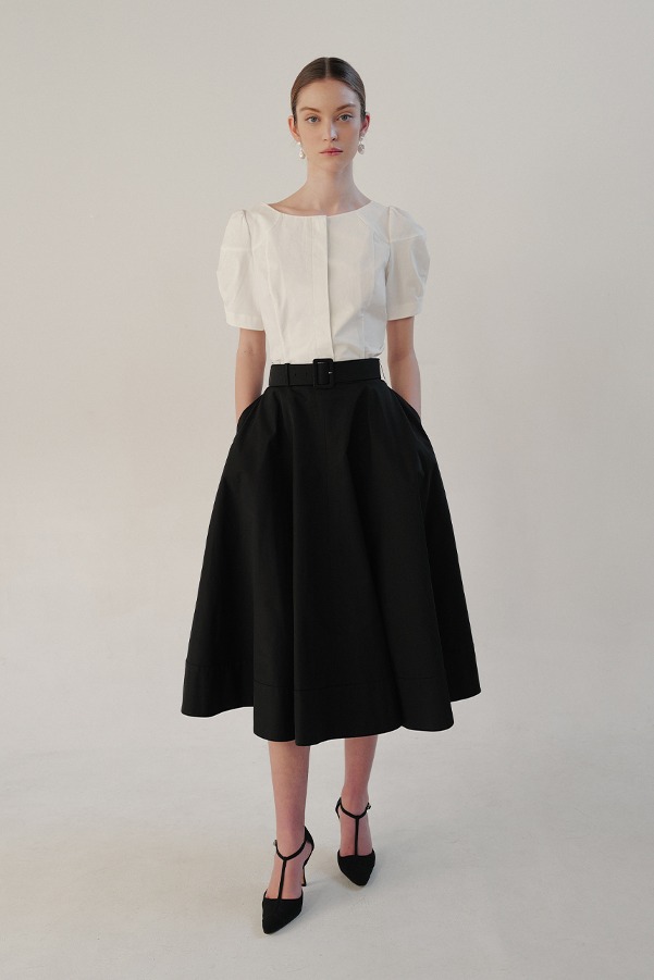 HATTIE Belted full long skirt (Black)