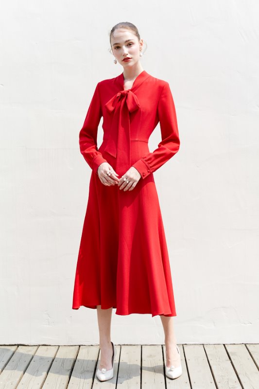 [정은채, 차예련 착용]KATE ribbon tied long sleeve dress (Red)