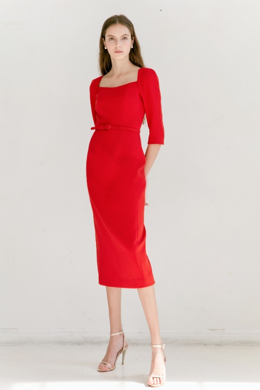 [강한나,김소연,이성경 착용]ODETTE Square neck Three-quarter Sleeve H-line midi dress (Red)