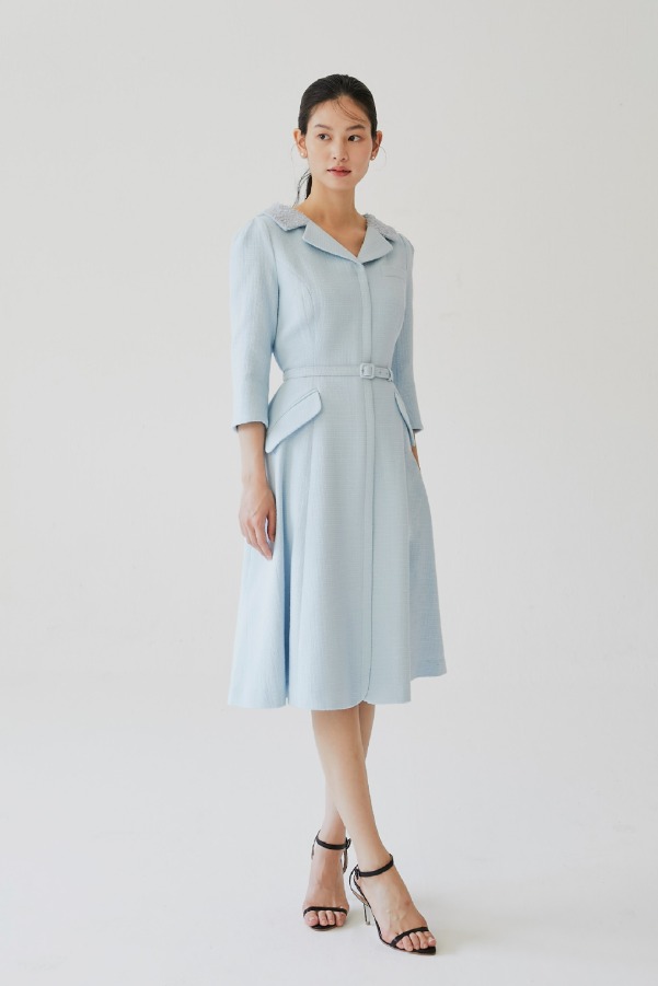 [김나영 착용]DIANA V-neck notched collar flared tweed dress (Pale blue)