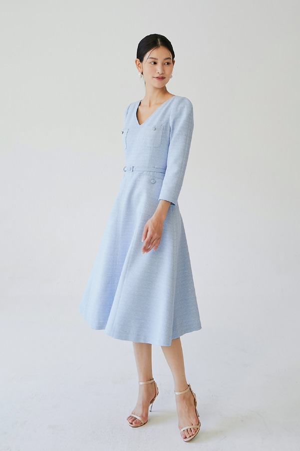 ULANNI V-neck A-line tweed dress (Light blue)