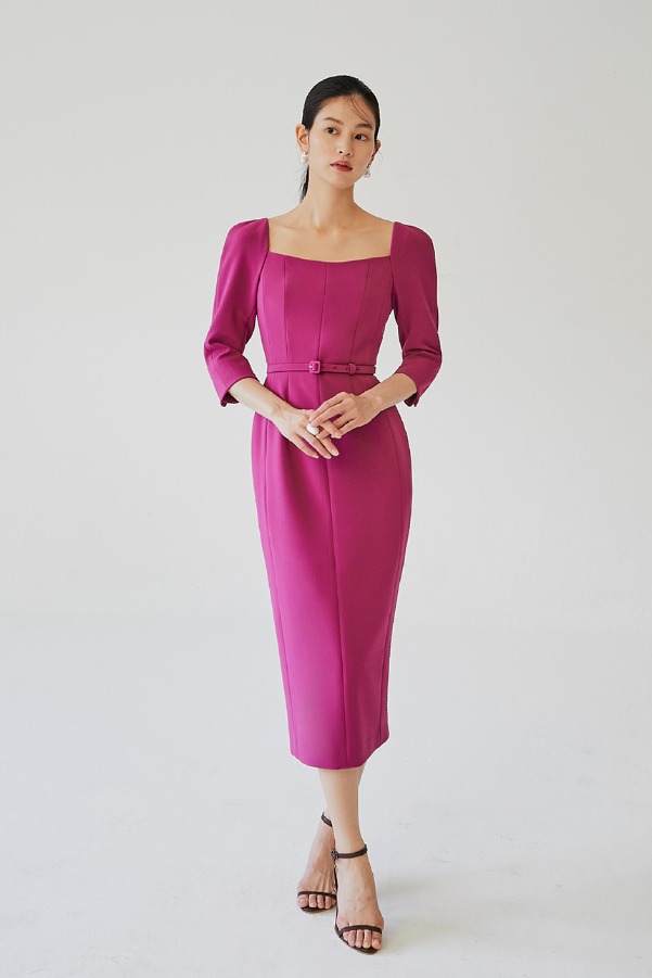ODETTE Square neck Three-quarter sleeve H-line midi dress (Magenta purple)