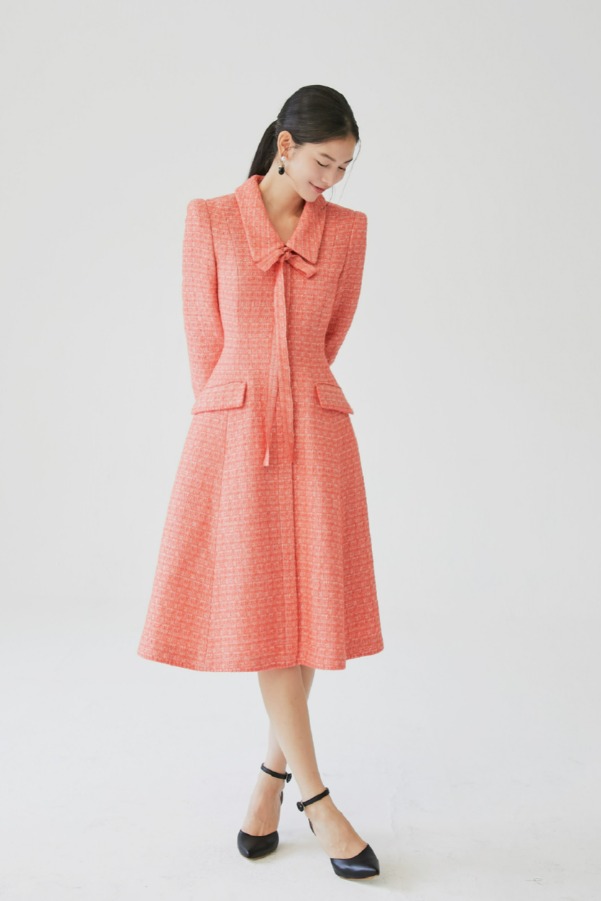 BECKY Classic collar detail flared tweed dress (Scarlet red)