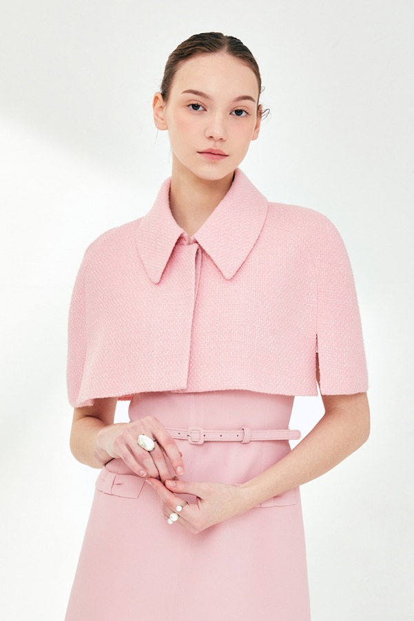 HOLLY Pointed collar short tweed cape (Pink)