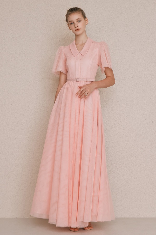 DIAMANT Pointed collar tulle maxi dress (Pink)