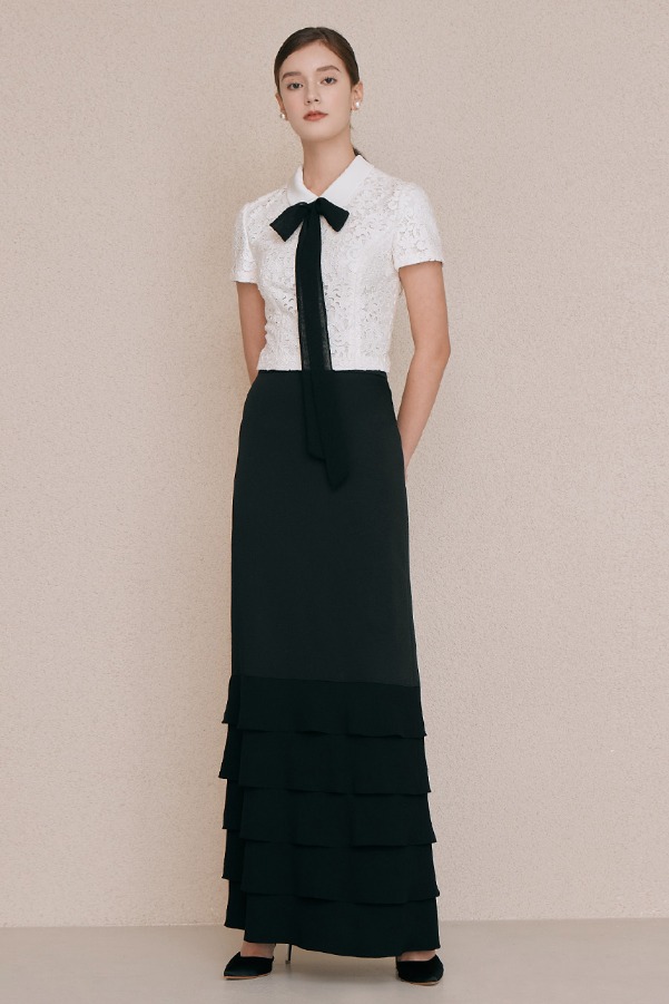 [SET]MARSHA Novah Lace short sleeve top &amp; MARIBEL Ruffle layered maxi skirt