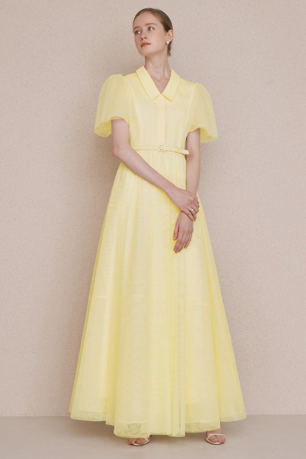 [노필터티비 김나영착용]DIAMANT Pointed collar tulle maxi dress (Lemon)