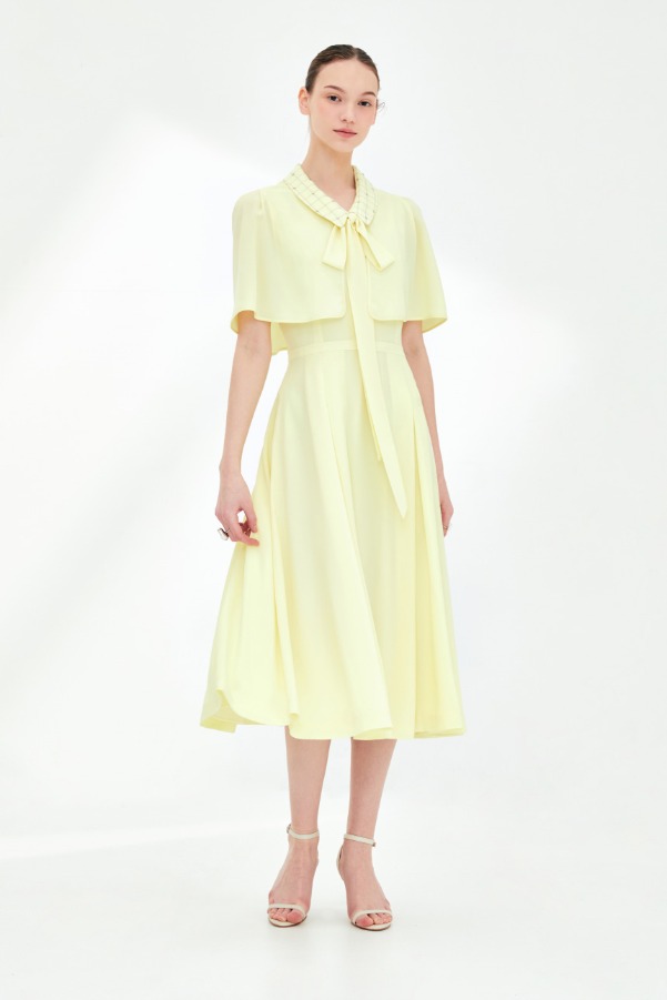 [김민정 착용]RACHEL Beaded collar cape detail dress (Lemon yellow)