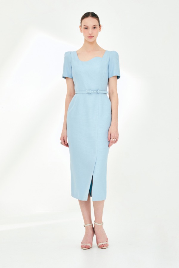[신세경 착용]ROWAN Curved neck H-line dress (Sky blue)