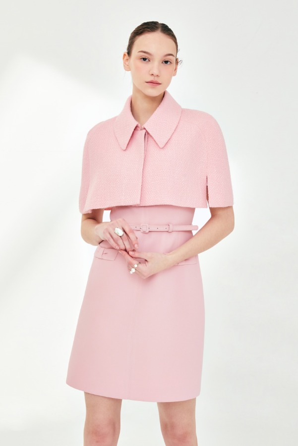 HOLLY Pointed collar short tweed cape (Pink)