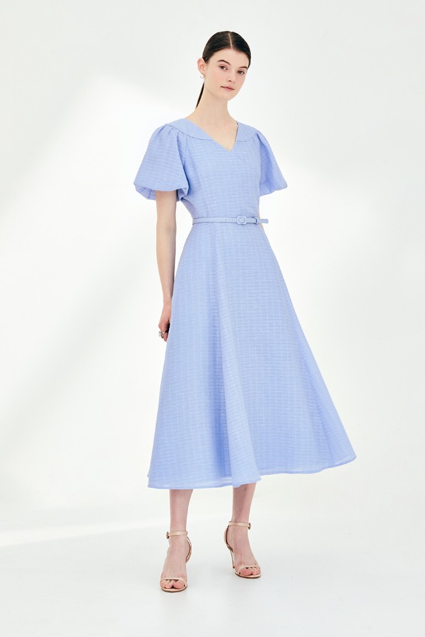 KINSLEY Volume sleeve wrap detail dress (Cornflower Blue)