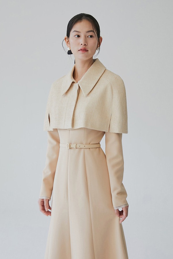 HOLLY Pointed collar short tweed cape (Butter)
