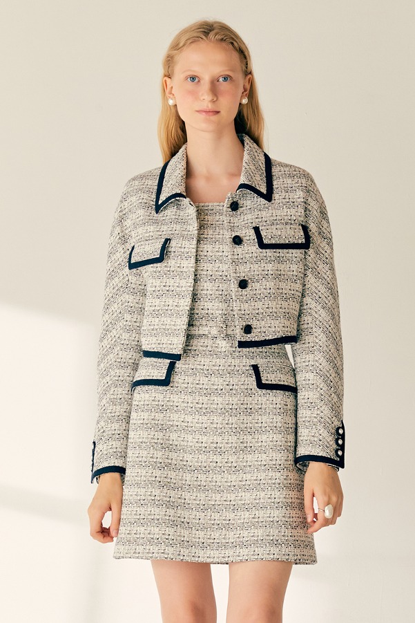 [SET]ZURI Square neck sleeveless tweed dress + GRACELYN Raglan-sleeve cropped tweed jacket (Beige&amp;Navy)