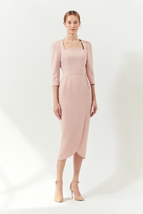 AMELIA Square neck tulip-skirt dress (Pale pink)