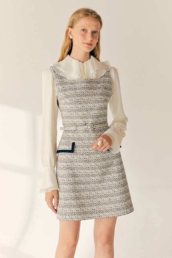 ZURI Square neck sleeveless tweed dress (Beige&amp;Navy)