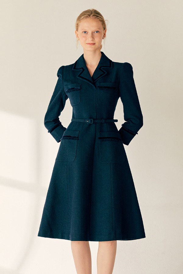 GWYNETH Velvet-trimmed tweed dress (Deep navy)