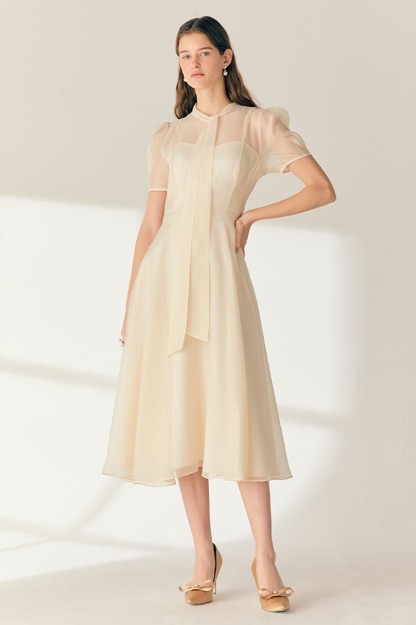 [0,2,3size 7/6 예약배송][박민영 착용]LILLE See-through Puff shoulder ribbon tie dress (Oatmeal)