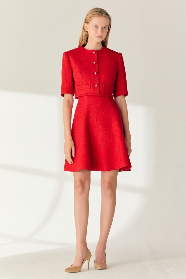 [SET]MAISIE Half sleeve tweed bolero jacket + KENNEDY Sleeveless flared tweed mini dress (Scarlet red)