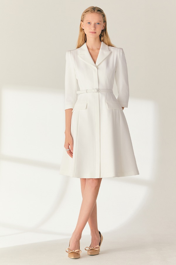 [김유정 착용]AGATHA Notched collar three-quarter sleeve A-line midi dress (Off white)