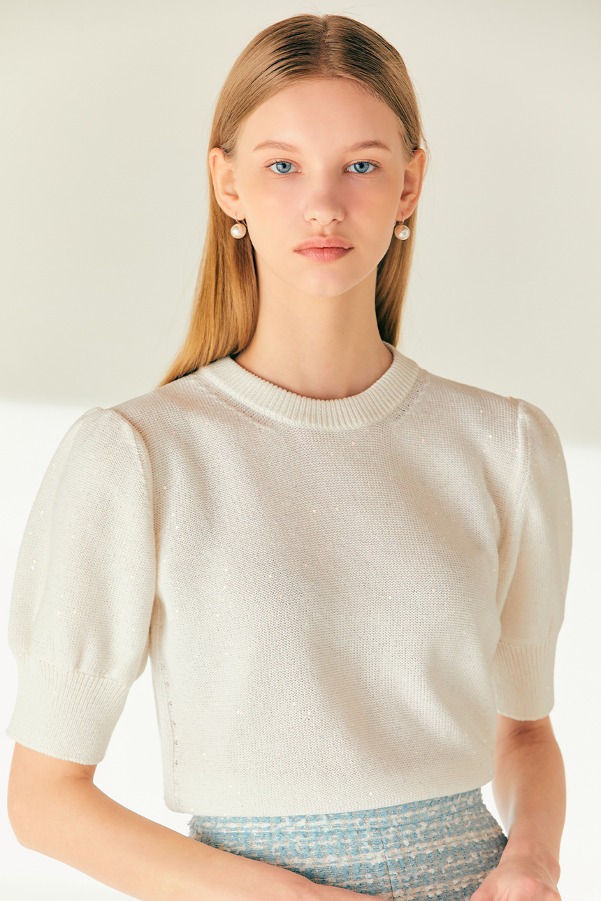 SHAINA Spangle round neck puff-sleeve knit (Ivory)