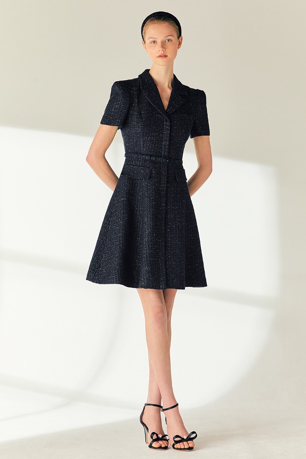 GIANNA Notched collar tweed mini dress (Navy)