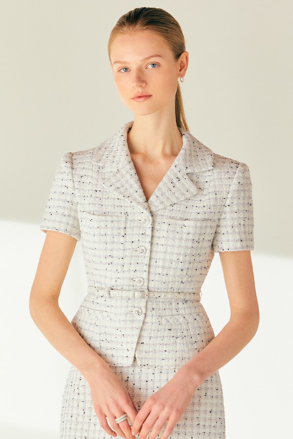 JOANNA Notched collar belted tweed jacket (Ivory)